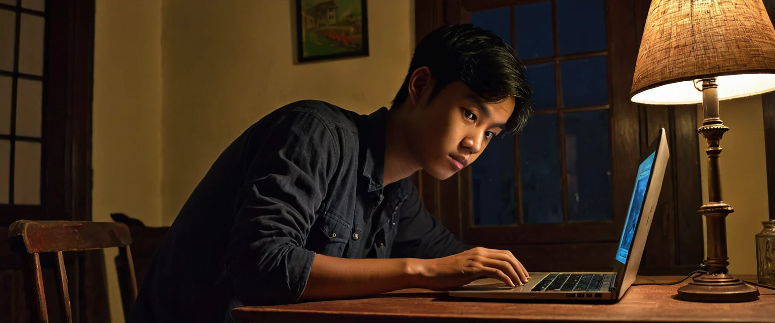 A Indonesian young male student, around 22-24 years old, is sitting at a desk typing on his laptop during the first night in an old Dutch colonial-style house. He is focused on his laptop, with the room dimly lit by a single lamp. The room has old furniture, creaky floorboards, and a slightly eerie atmosphere with shadows and dim lighting. The image should be very detailed and highly realistic, capturing the student's concentration and the eerie ambiance of the house at night. (Masterpiece), UHD, ((Very detailed))