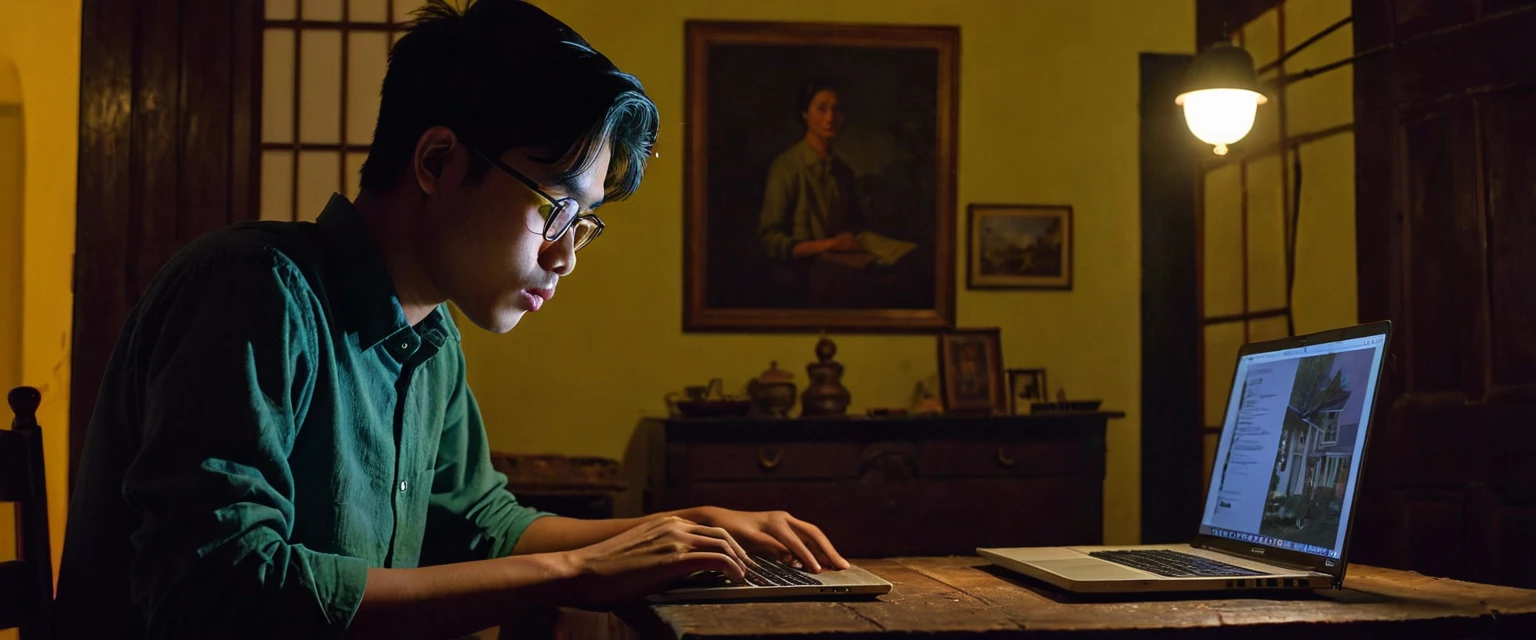 A Indonesian young male student, around 22-24 years old, is sitting at a desk typing on his laptop during the first night in an old Dutch colonial-style house. He is focused on his laptop, with the room dimly lit by a single lamp. The room has old furniture, creaky floorboards, and a slightly eerie atmosphere with shadows and dim lighting. The image should be very detailed and highly realistic, capturing the student's concentration and the eerie ambiance of the house at night. (Masterpiece), UHD, ((Very detailed))
