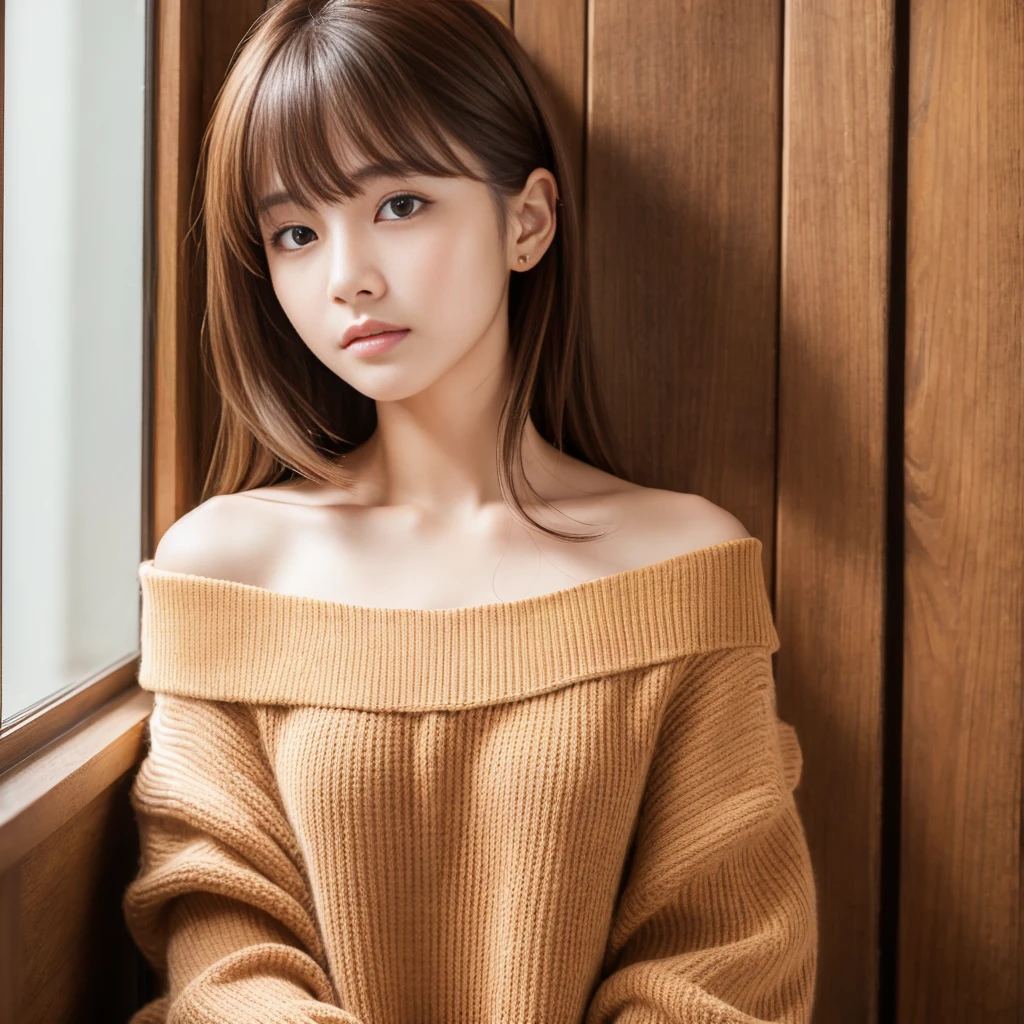 Ultra-high resolution, Superior Quality, Highest quality, Super detailed, Realistic, 8K, RAW Photos, Highest quality, masterpiece, Attractive girl, A wonderful girl, Brown Hair, Shoulder-length layered, Asymmetrical bangs, Japanese Idols, Sophisticated, stylish, Off-the-shoulder tops, room,One person
