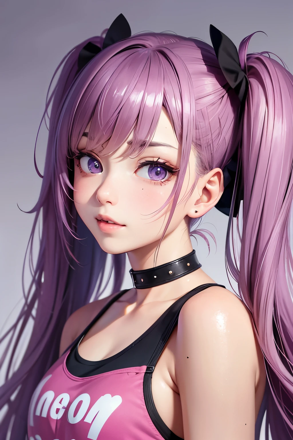 masterpiece, best quality, highly detailed, high resolution, expensive resolution, high resolution, 4k, 8k, uniform 8k wallpaper, highly detailed CG, masterpiece, 2d, 3d, beautiful details, depth, fine texture, best quality: 1.3, perfectly focused, crispy. skin, him, very cute anime girl, name is Mei, short twintails, idol, tank top, denim mini skirt, pink short twintails wearing expensive, mole under eye, looking at the viewer, expensive, blush, mole, parted lips, pink eyes, heart shaped choker, smiling face