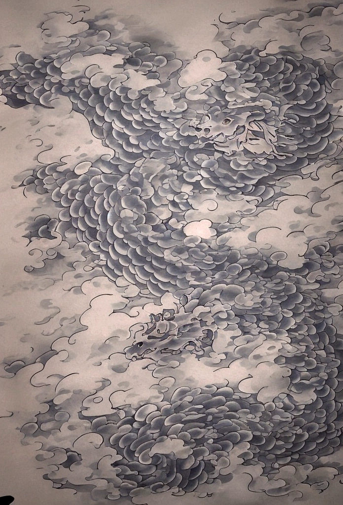 Full body Japanese dragon, tatto lines, clouds and lotus flowers.