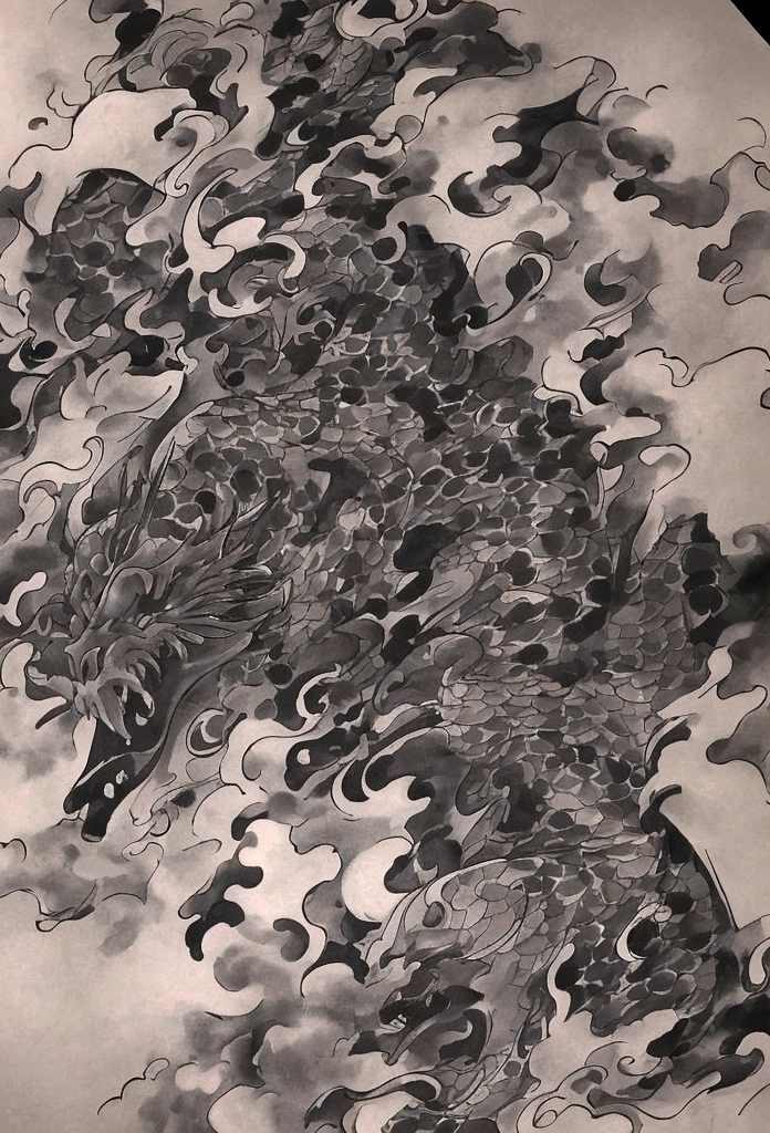 Full body Japanese dragon, tatto lines, clouds and lotus flowers.