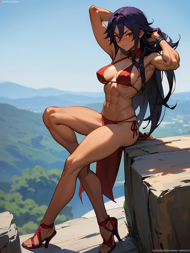 18 year old Yoruichi Shihōin from Bleach with tanned skin in a red thong bikini flexing her muscles with her hands behind her head so they are not visible to pridefully show off her rock hard abs and sitting on her heels on a mountain ledge, highly detailed 