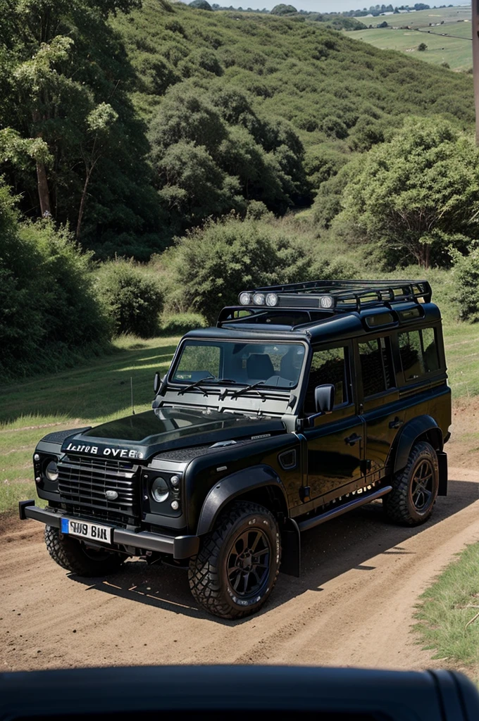 A landrover defender parked in an offroad style with number plate KL 01 AB 369 black color must be good hill and infront a boy