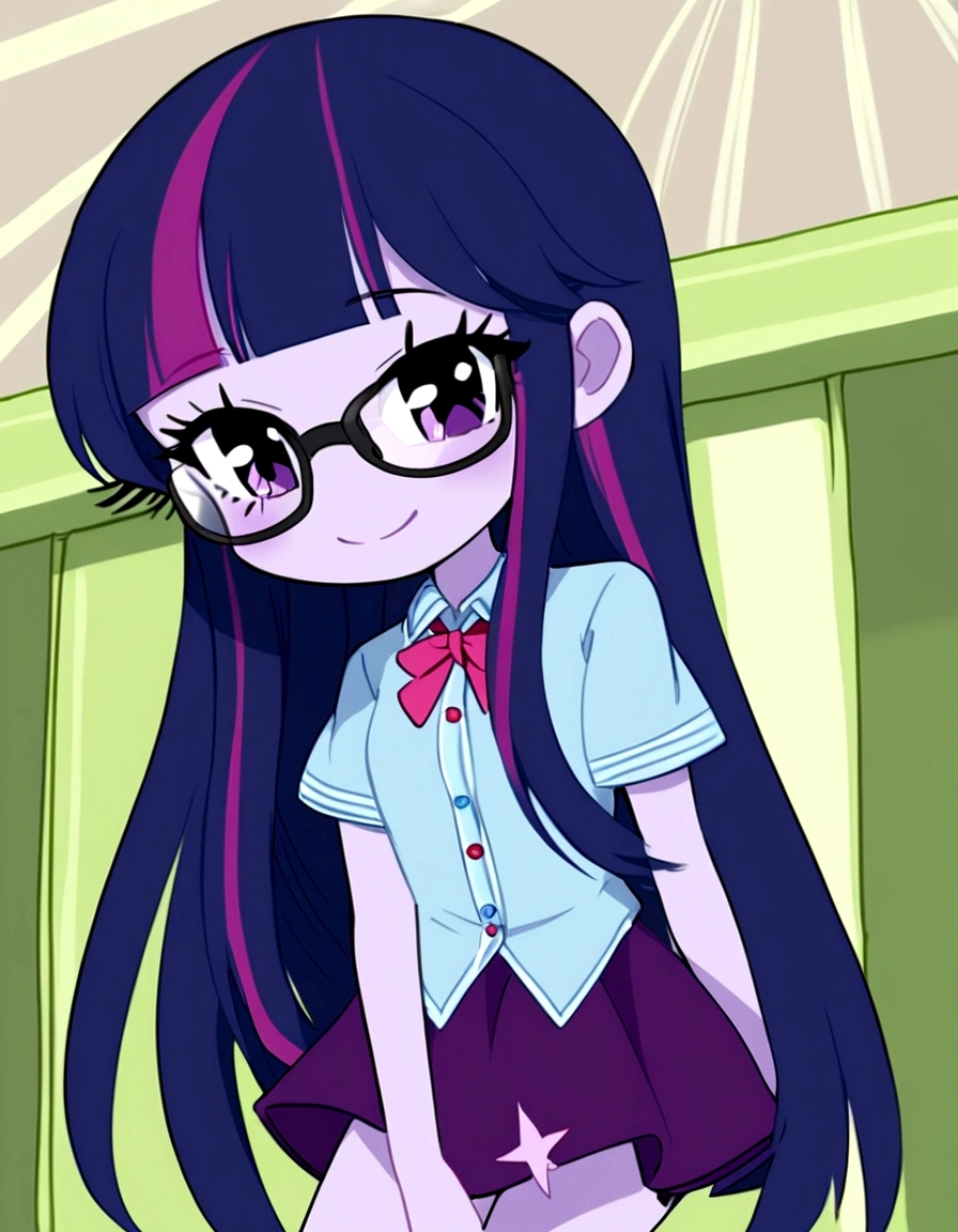 girl with violet skin, tall, ager, straight bangs, long hair, violet and blue tones, glasses, twiling sparkle, smiling full body,mlptwilight