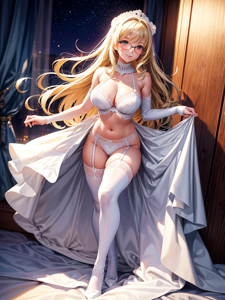 Highest quality,Highest Resolution,A beautiful blonde girl with a gorgeous smile,Full body close-up,looking at the camera,Large silver eyes,White bra,White underwear,High leg,White garter belt,White knee-high stockings,Dark bedroom at night,Black bedding,Glasses,