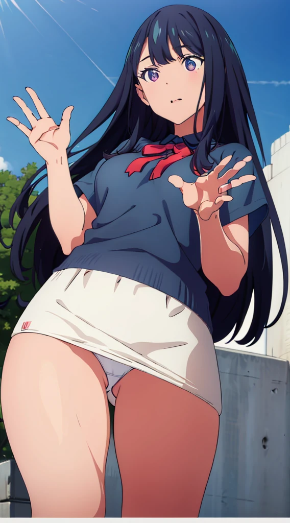 Without skirt、Panties in full view、Without skirt、White underwear、In underwear、Panties in full view、White panties、 1, 1girl, asahina mikuru, long hair, kita high , 独奏, short sleeves, red ribbon, large breasts, cowboy shot, waving, outdoors, Underwear in full view、