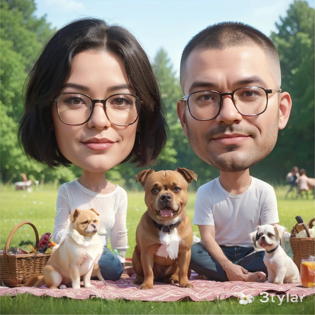 realistic 3D caricature image, a 30 year old woman, shoulder length black hair, wearing square glasses, a 30 year old man, buzzcut hair, wearing square glasses, a large nude colored American bully dog, a brown Pomeranian and a white Pekingese, having a picnic in the meadow. tree background.
