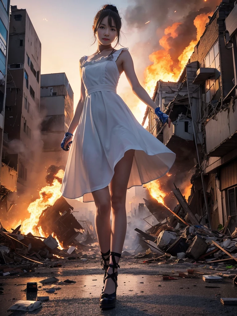 (Giantess Elements、High resolution、High resolution、high quality、Accurate body structure、Detailed body) そびえ立つ巨人のbionde少女,50,000 feet high、Looking up at the approaching woman from below、Giants attack the city、cute、bionde、Destroy a small townWomen、Destroy a small town、Mischievous look、(Maid outfit)Japanese、White skin、巨人bionde女、smile、Trampling buildings、rubble、Burning Small Town、Destroyed small building、Collapsed highway、Cars are crushed、Evacuating residents、sunset、Burning Small Town、go ahead、walk、Trampling、Anatomically correct、Accurate human body、Accurate skeleton、Full body portrait、blue eyes、Rubble scattered at my feet、Higher than skyscrapers、Big impact、amazing、Giantess Elements、Draw a woman in a big way、Increase the destructive element、Make the city smaller
