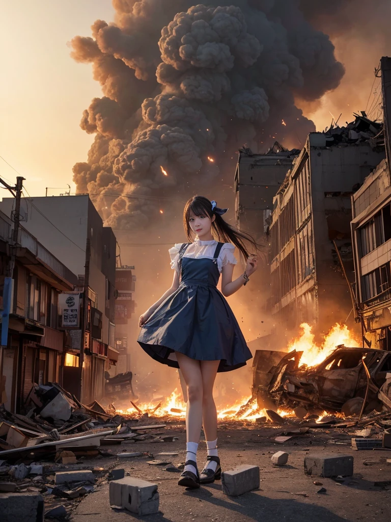 (Giantess Elements、High resolution、High resolution、high quality、Accurate body structure、Detailed body) そびえ立つ巨人のbionde少女,50,000 feet high、Looking up at the approaching woman from below、Giants attack the city、cute、bionde、Destroy a small townWomen、Destroy a small town、Mischievous look、(Maid outfit)Japanese、White skin、巨人bionde女、smile、Trampling buildings、rubble、Burning Small Town、Destroyed small building、Collapsed highway、Cars are crushed、Evacuating residents、sunset、Burning Small Town、go ahead、walk、Trampling、Anatomically correct、Accurate human body、Accurate skeleton、Full body portrait、blue eyes、Rubble scattered at my feet、Higher than skyscrapers、Big impact、amazing、Giantess Elements、Draw a woman in a big way、Increase the destructive element、Make the city smaller