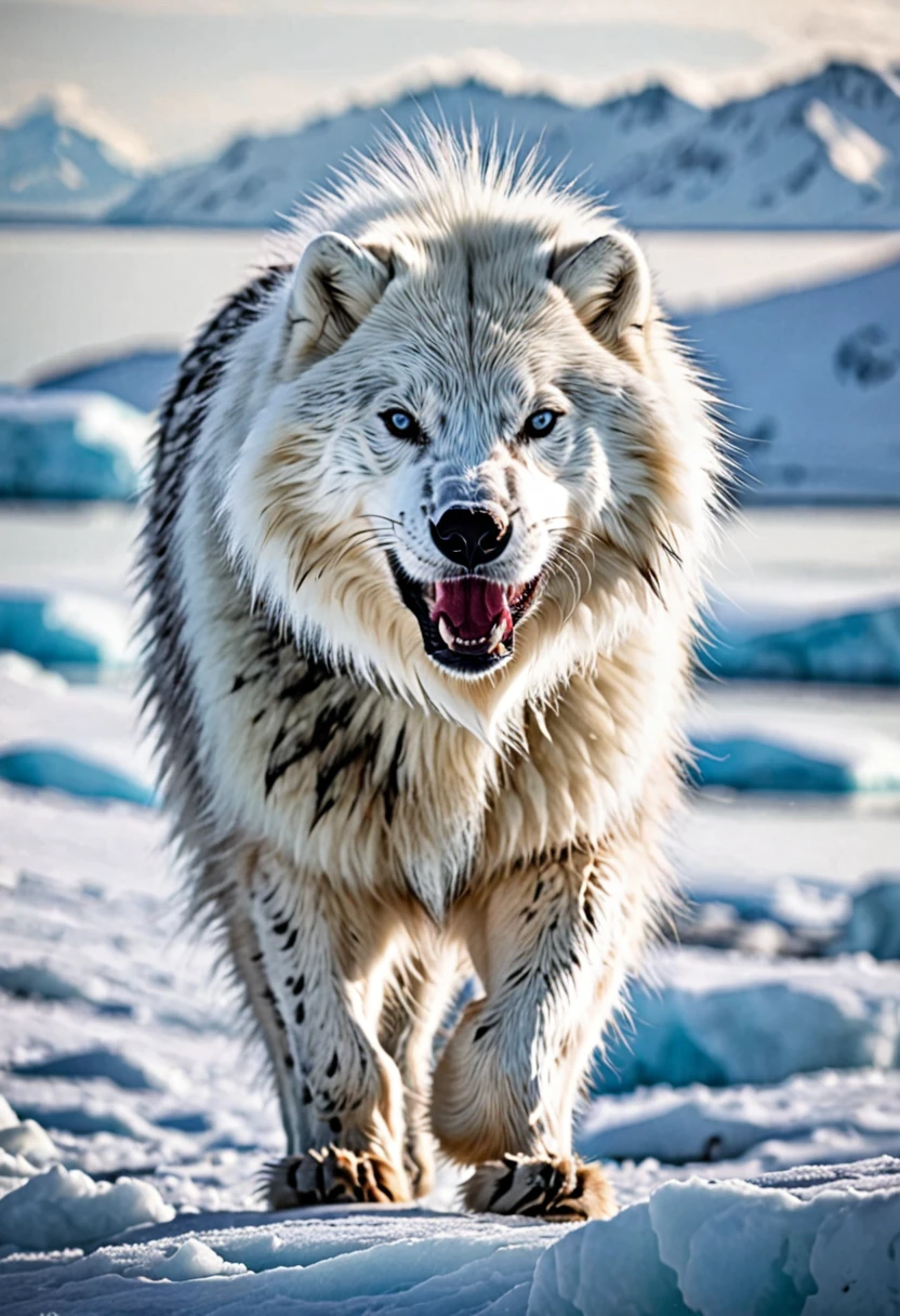 a mammal , with white fur with brown spots, large, imposing teeth and gray eyes, super aggressive appearance and quadruped, long fur, with an arctic climate in the background