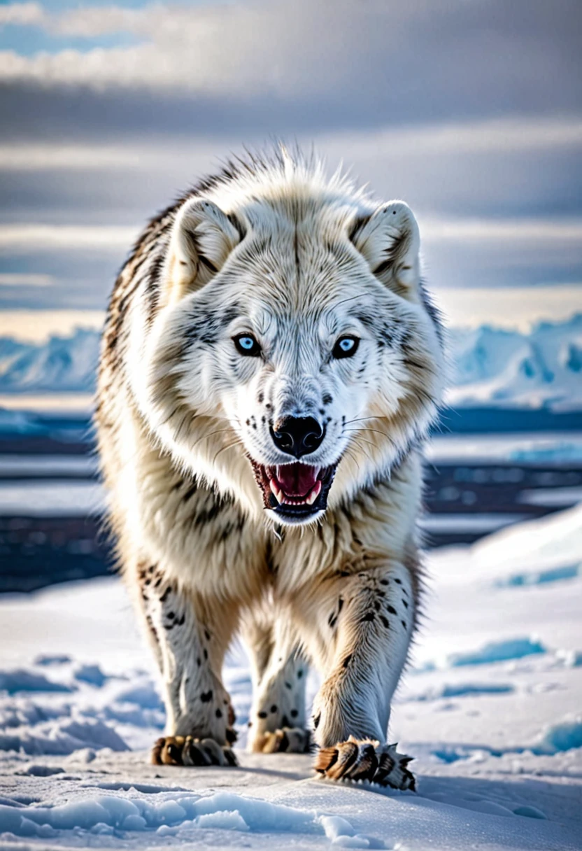 a mammal , with white fur with brown spots, large, imposing teeth and gray eyes, super aggressive appearance and quadruped, long fur, with an arctic climate in the background