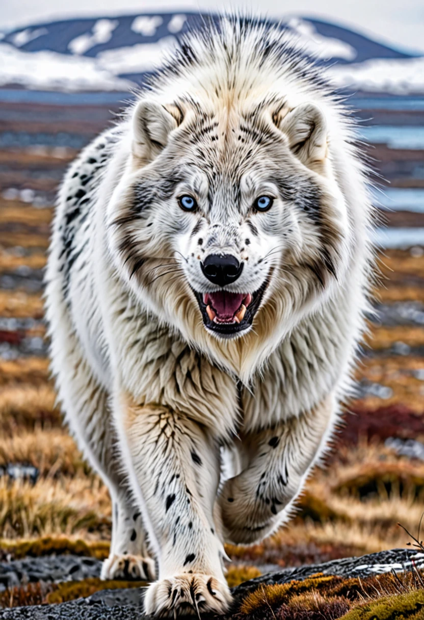 a mammal , with white fur with brown spots, large, imposing teeth and gray eyes,  super aggressive appearance and quadruped, long fur, with an arctic climate in the background 