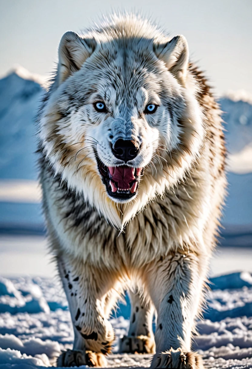 a mammal , with white fur with brown spots, large, imposing teeth and gray eyes,  super aggressive appearance and quadruped, long fur, with an arctic climate in the background 