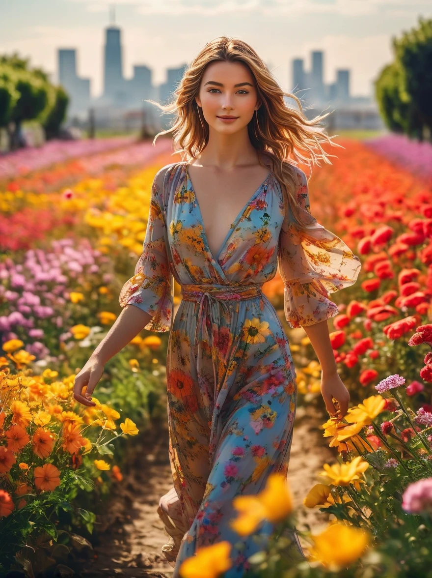 A cinematic photo of iberty statue with a smiling beauty face, as she strides confidently through a Beautiful flower fields filled with flowers of various colors, with the model's flawless skin glowing like a beacon of hope amidst the ravaged urban landscape. photographed with a shallow depth of field to blur the bleak surroundings, emphasizing her striking, rebellious pose. full body, golden hour.