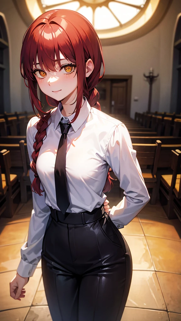 Masterpiece, top quality, best quality, official art, beautiful and aesthetic, anime, 1girl,extremely detailed, colorful, more detailed ((ultra-detailed)), (highly detailed CG illustration),Best Quality, High resolution, Unity 8k Wallpaper, (Illustration:0.8), (Beautiful detailed eyes:1.6), extra detailed face, Perfect Lighting, extremely details CG, (Perfect hands, Perfect Anatomy), makima, long hair, smile, bangs, (small breasts:1.2), (yellow eyes:1.2), braid, red hair, braided ponytail, ringed eyes,cleavage,collarbone,shirt, long sleeves, white shirt, necktie, collared shirt, pants, black pants, formal,black necktie, shirt tucked in,in middle of church, benches,candles, dark light,from behind take of pants, lace panties, bend over.