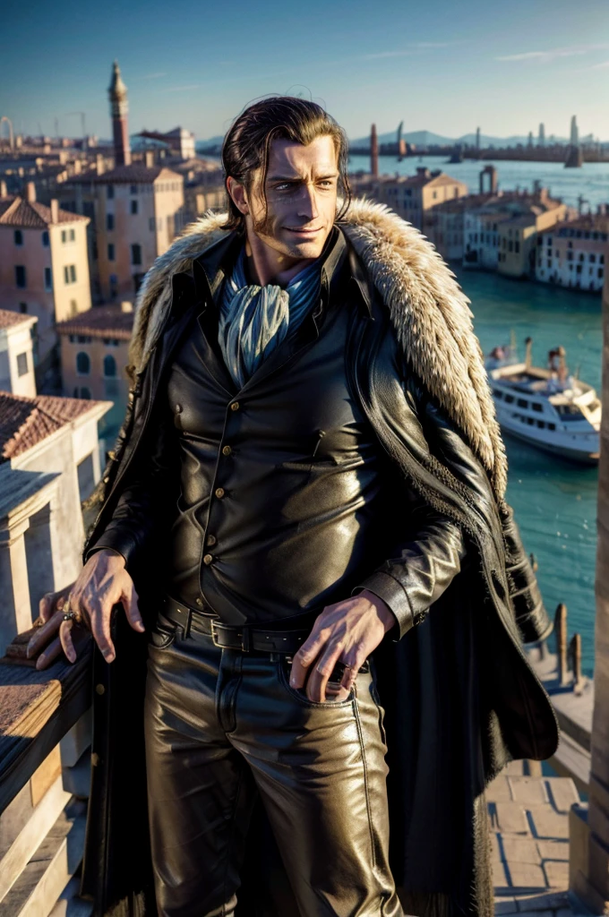 masterpiece, best quality, extremely detailed, hyperrealistic, photorealistic, a cool 40s man, ultra detailed face:1.2, fur-trimmed coat, scarf around the neck, his left hand is a golden pirate hook:1.1, cigar, sunshine:1.1, the view from high-rise tower, weathercock, venice, sly smile, fashion model pose

