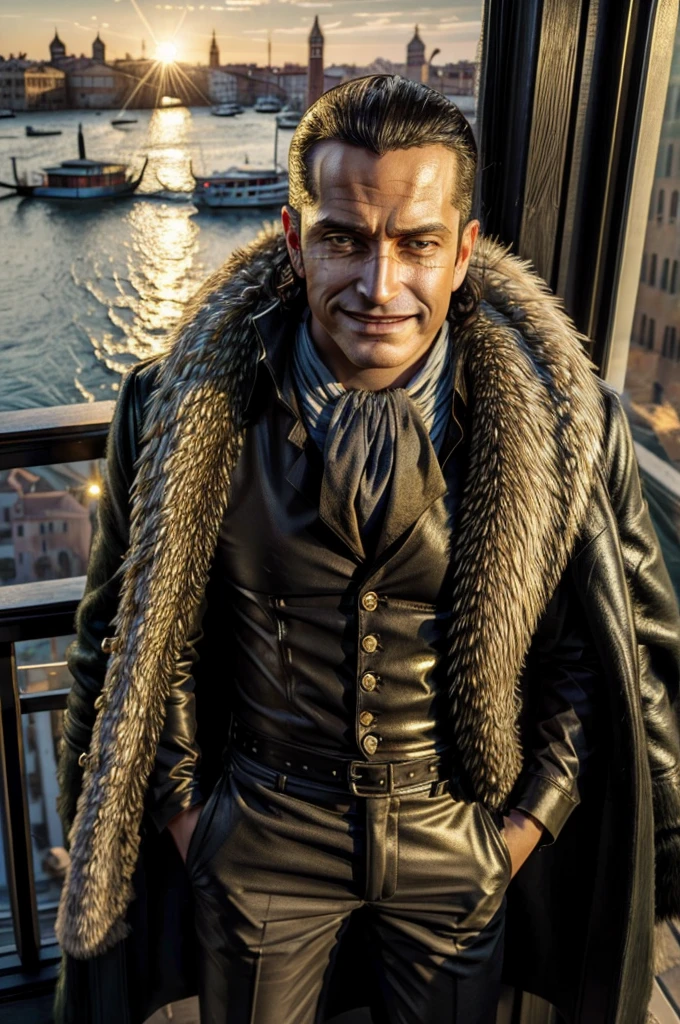 masterpiece, best quality, extremely detailed, hyperrealistic, photorealistic, a cool 40s man, ultra detailed face:1.2, fur-trimmed coat, scarf around the neck, his left hand is a golden pirate hook:1.1, cigar, sunshine:1.1, the view from high-rise tower, weathercock, venice, sly smile, fashion model pose