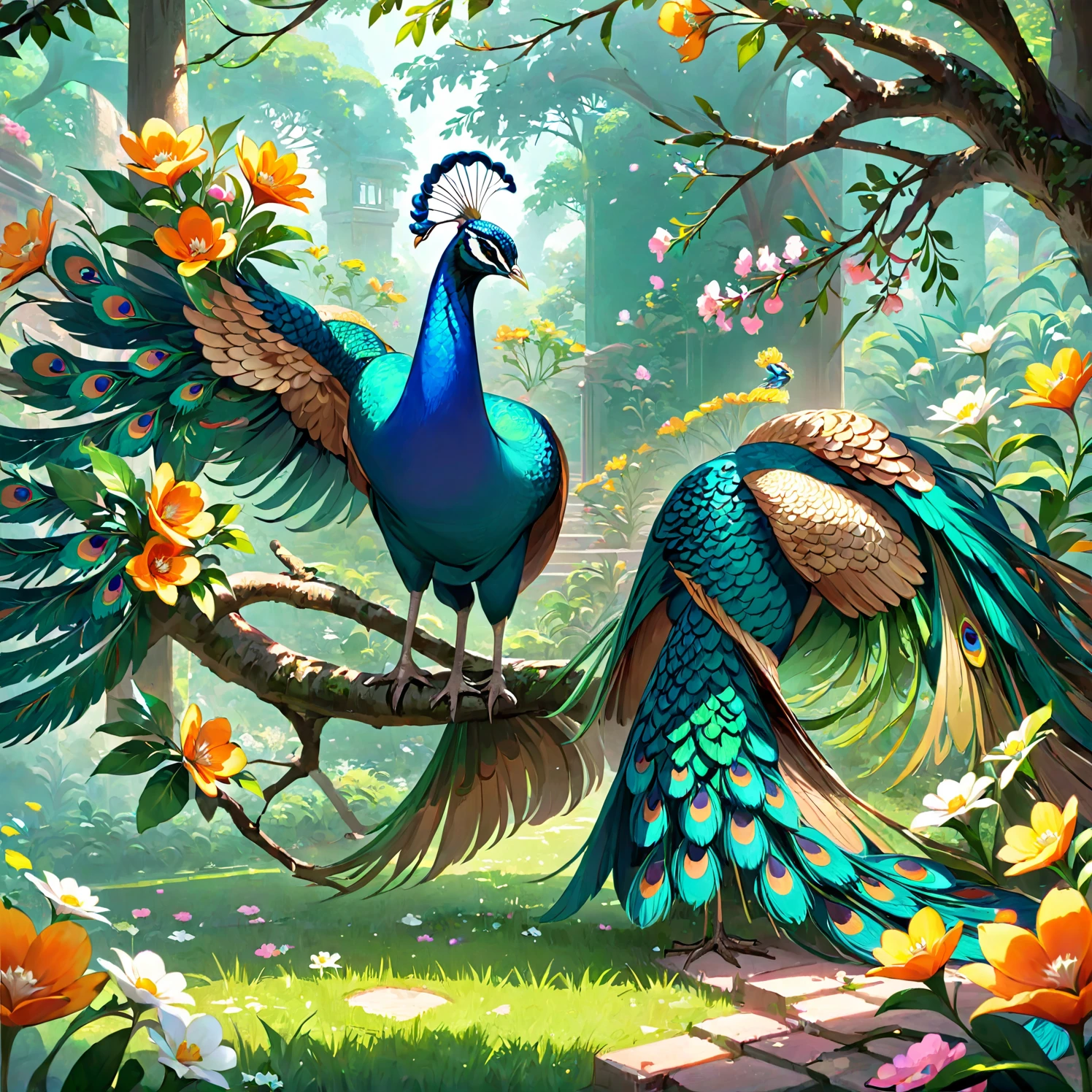 Peacock,flower,green,complex,Gorgeous, Color theme, (best quality, masterpiece, representative work, Official Art, professional, 8K)
