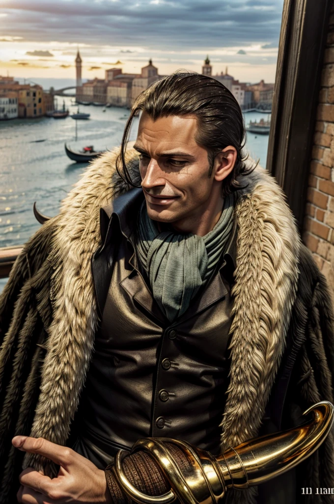 masterpiece, best quality, extremely detailed, hyperrealistic, photorealistic, a cool 40s man, ultra detailed face:1.2, fur-trimmed coat, scarf around the neck, his left hand is a golden pirate hook:1.1, cigar, sunshine:1.1, the view from high-rise tower, weathercock, venice, sly smile, fashion model pose
