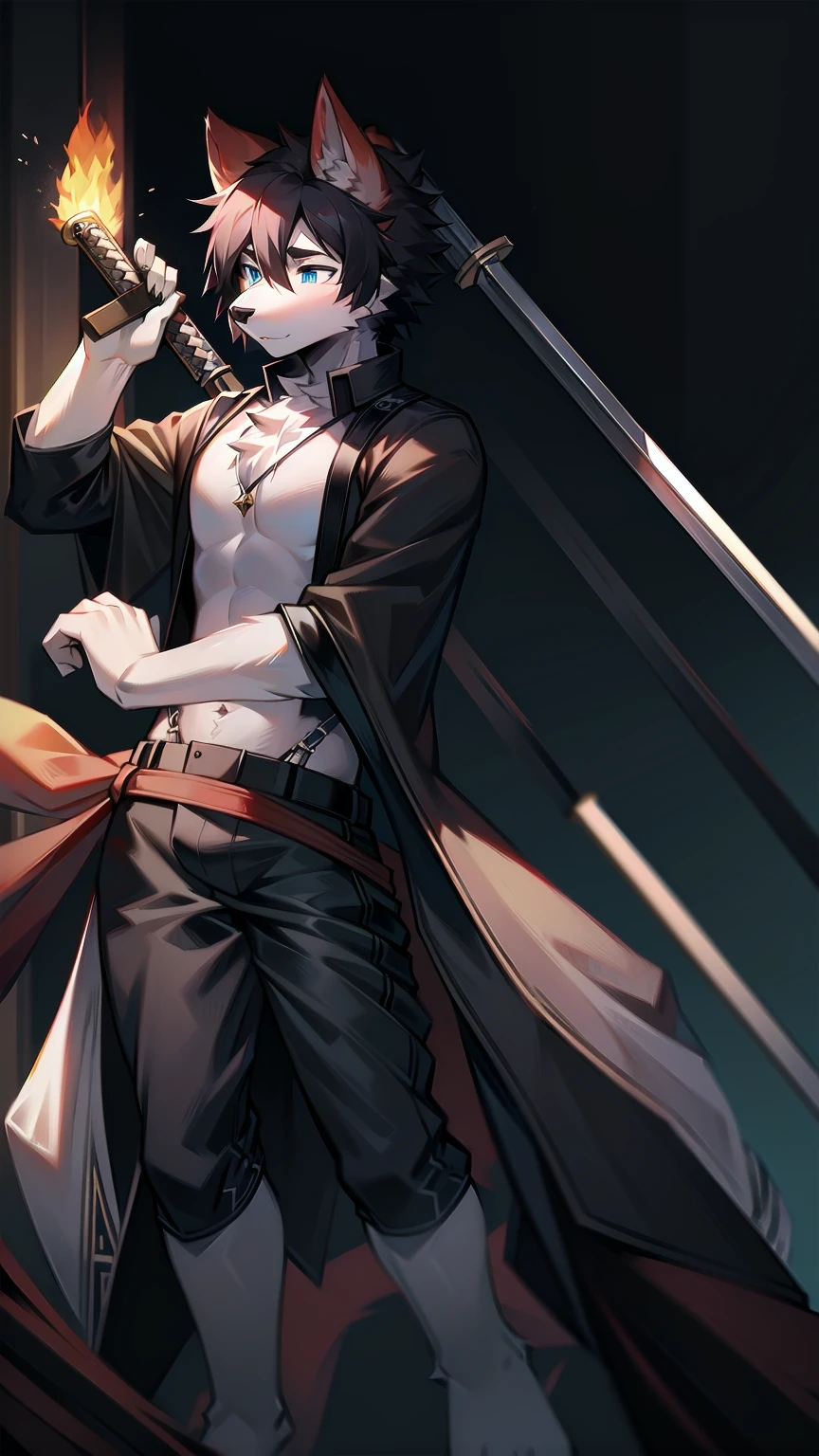 White Wolf，black hair，Sky blue eyes，hairy，Wolf ears，Wolf tail，Full body portrait，The character is in the center of the frame，Handsome，Confident eyes，male，juvenile，Black and white combat uniform，Red neck bib，Black shorts，Short sleeve，hairy arms and legs，Dark background，Dark battlefield，dawn，sunrise，dawn，illumination，shadow，Swordsman，Scabbard and sword，Hold the hilt of a sword in your hand，The scabbard is at the waist，Highest quality