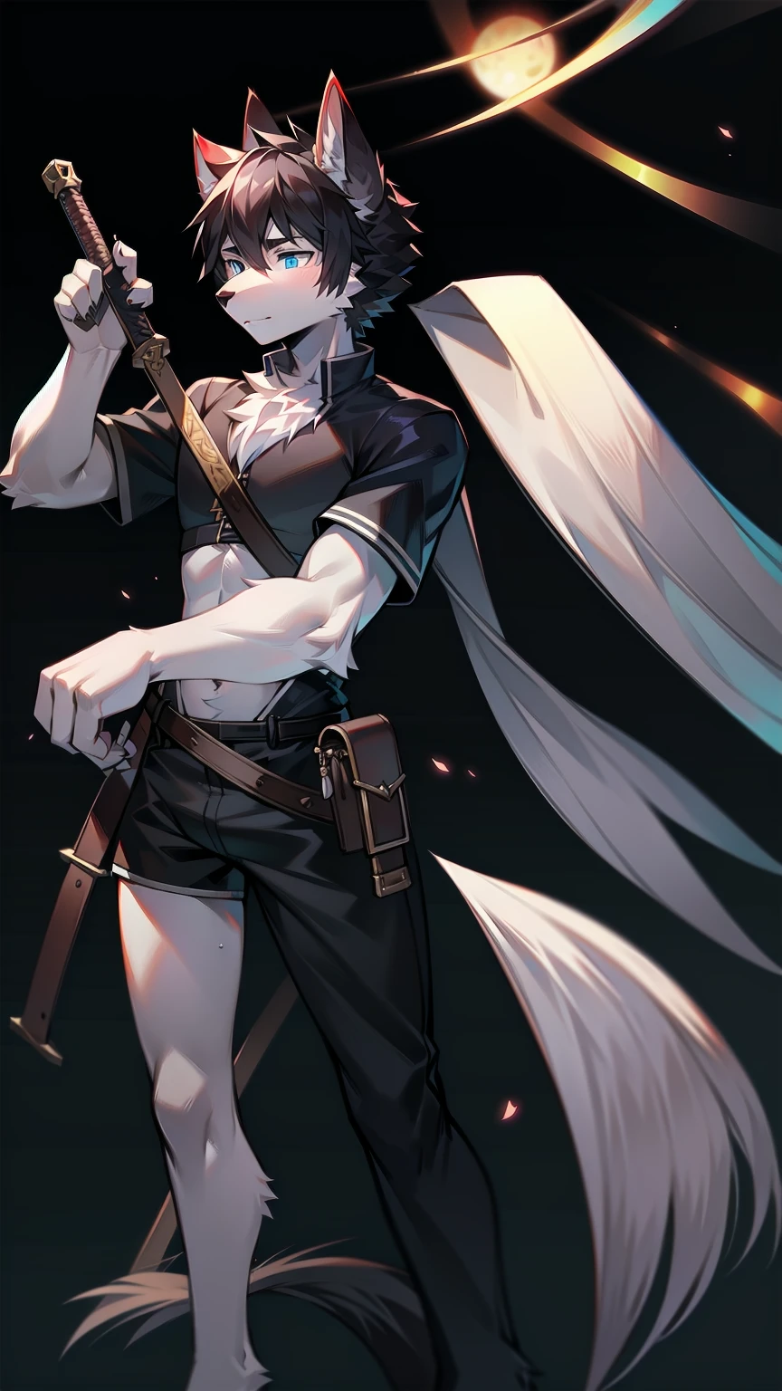 White Wolf,black hair,Sky blue eyes,hairy,Wolf ears,Wolf tail,Full body portrait,The character is in the center of the frame,Handsome,Confident eyes,male,juvenile,Black and white combat uniform,Red neck bib,Black shorts,Short sleeve,hairy arms and legs,Dark background,Dark battlefield,dawn,sunrise,dawn,illumination,shadow,Swordsman,Scabbard and sword,Hold the hilt of a sword in your hand,The scabbard is at the waist,Highest quality