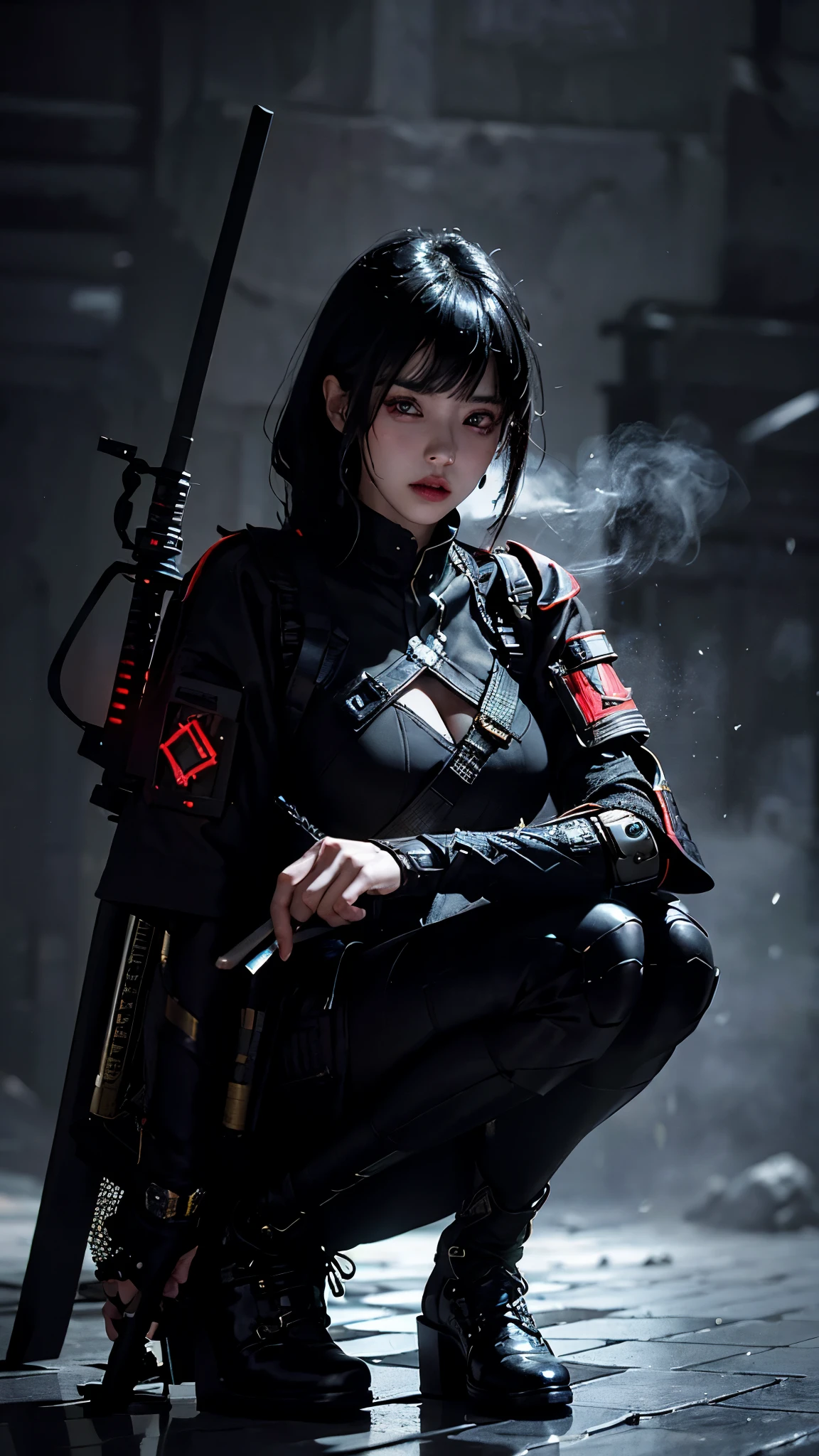 Surreal version of a woman kneeling down on one knee with sword in hand, very beautiful cyberpunk samurai,Sitting on one knee,Futuritic background, cyberpunk anime art, cyberpunk samurai, cyberpunk city anime art, cyberpunk anime, cgsociety 9, digital cyberpunk anime art, style of maciej kuciara .1girl, samurai armor, devil mask helmet, intricate, detailed ornaments, cold colors, metallic, Egyptian details, details very complex, realistic lighting, trending on social cgs, glowing eyes, facing camera, neon details, surreal details, full body portrait, Japanese atmosphere, lighting global, shadow, octane rendering, 8k, super sharp ta.((Best quality)), ((masterpiece)), (details:1.4), 3D, image of a female cyberpunk beautiful,HDR (High Dynamic Range),Beam Range,NVIDIA RTX,Ultra High Resolution,Unreal 5,Subsurface Scattering,PBR Textures,Post-processing,Anisotropic Filtering,Depth of Field, Maximum clarity and sharpness, Multi-layer textures, Albedo and Reflection maps, Surface shadows, Accurate simulation of light-material interaction, Perfect scaling, Octane rendering, Two-tone lighting Color, Wide Aperture, Low ISO, White Balance, Rule of Thirds, 8K RAW,Smoke color background, Blade red blood,Lisa BlackPink ,