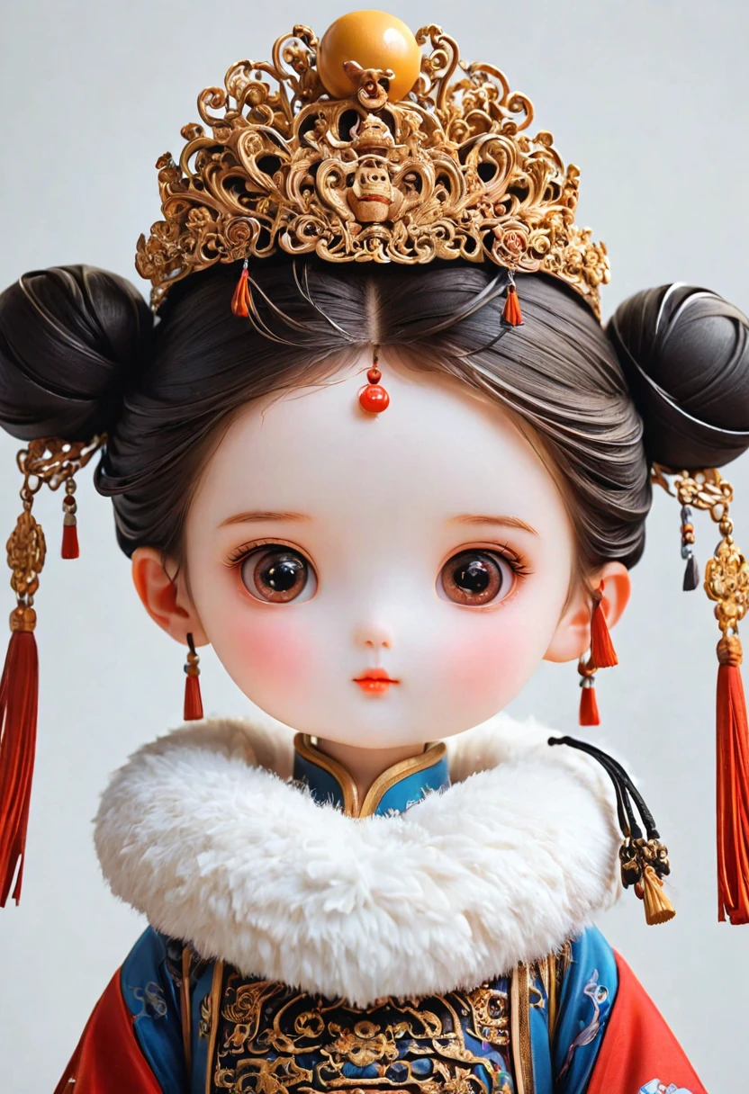 Solemn girl portrait,symmetry,Round Face,Bright Eyes,Smooth skin,Elegant and luxurious,wealth,Gorgeous black and gold outfit,Chinese Qing Dynasty national flag clothing,egotistical,Chinese Emperor,High bun,Gorgeous golden crown,tassel,palace,Clean background,Fur collar