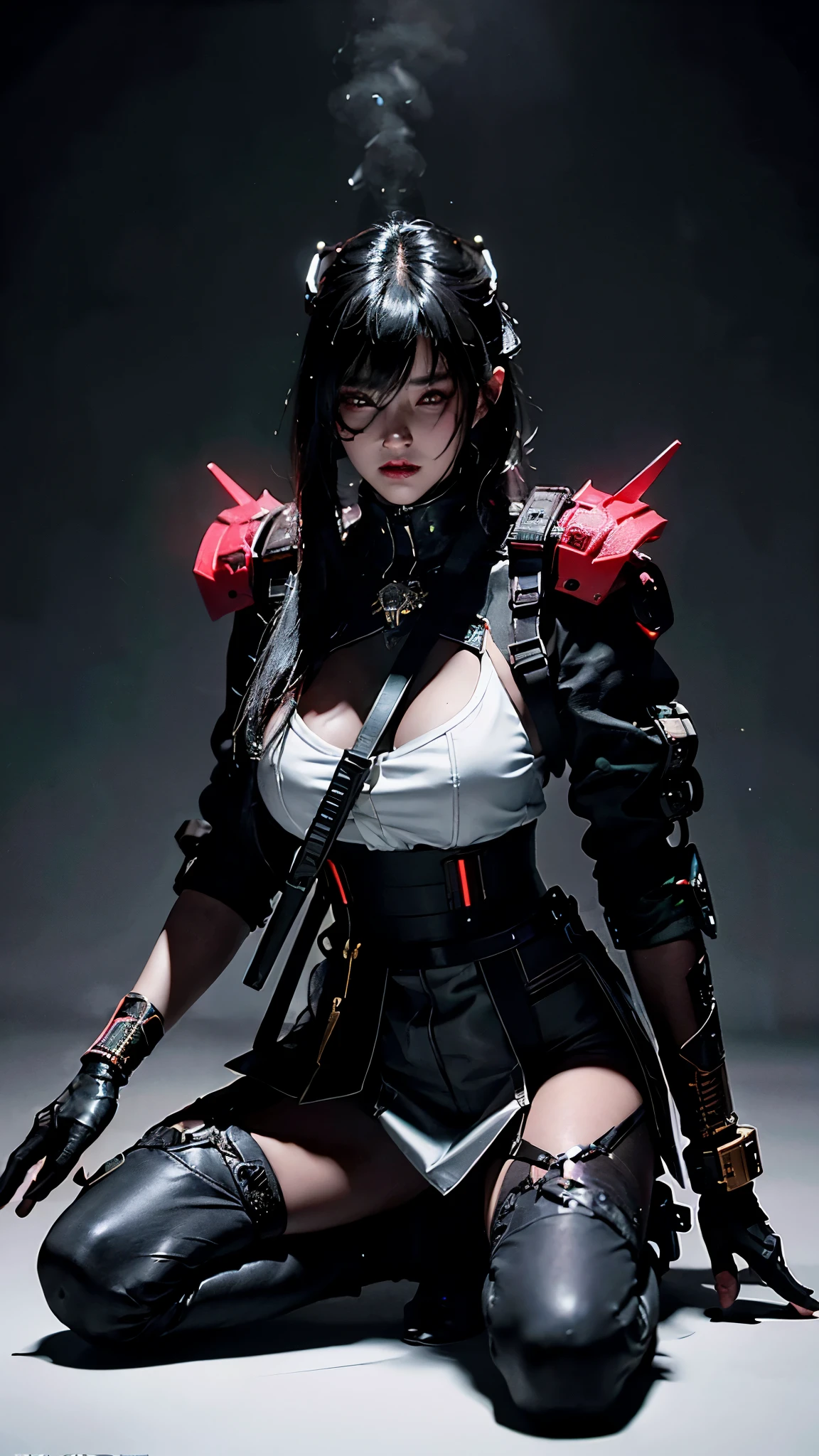 Surreal version of a woman kneeling down on one knee with sword in hand, very beautiful cyberpunk samurai,Sitting on one knee,Futuritic background, cyberpunk anime art, cyberpunk samurai, cyberpunk city anime art, cyberpunk anime, cgsociety 9, digital cyberpunk anime art, style of maciej kuciara .1girl, samurai armor, devil mask helmet, intricate, detailed ornaments, cold colors, metallic, Egyptian details, details very complex, realistic lighting, trending on social cgs, glowing eyes, facing camera, neon details, surreal details, full body portrait, Japanese atmosphere, lighting global, shadow, octane rendering, 8k, super sharp ta.((Best quality)), ((masterpiece)), (details:1.4), 3D, image of a female cyberpunk beautiful,HDR (High Dynamic Range),Beam Range,NVIDIA RTX,Ultra High Resolution,Unreal 5,Subsurface Scattering,PBR Textures,Post-processing,Anisotropic Filtering,Depth of Field, Maximum clarity and sharpness, Multi-layer textures, Albedo and Reflection maps, Surface shadows, Accurate simulation of light-material interaction, Perfect scaling, Octane rendering, Two-tone lighting Color, Wide Aperture, Low ISO, White Balance, Rule of Thirds, 8K RAW,Smoke color background, Blade red blood,Lisa BlackPink ,