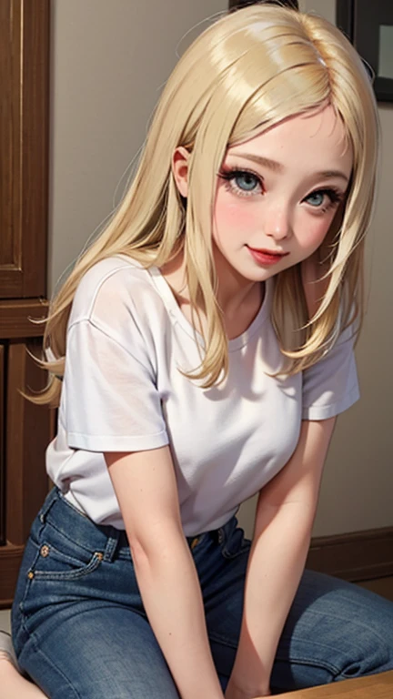 blush a little and smile, (Top quality masterpiece:1.2) Delicate illustrations, Very detailed, /Beautiful Japanese Women、1 person,Very cute and slim、Great style 、((8K images、super high quality))、Very delicate face, Skin and Hair、beautifule forehead、Red lipstick、(((((Mid-length hair、Blonde))))),Very cute Japanese cut face、Eyes and nose are clearly visible、Kind eyes,((((Casual Fashion))))
