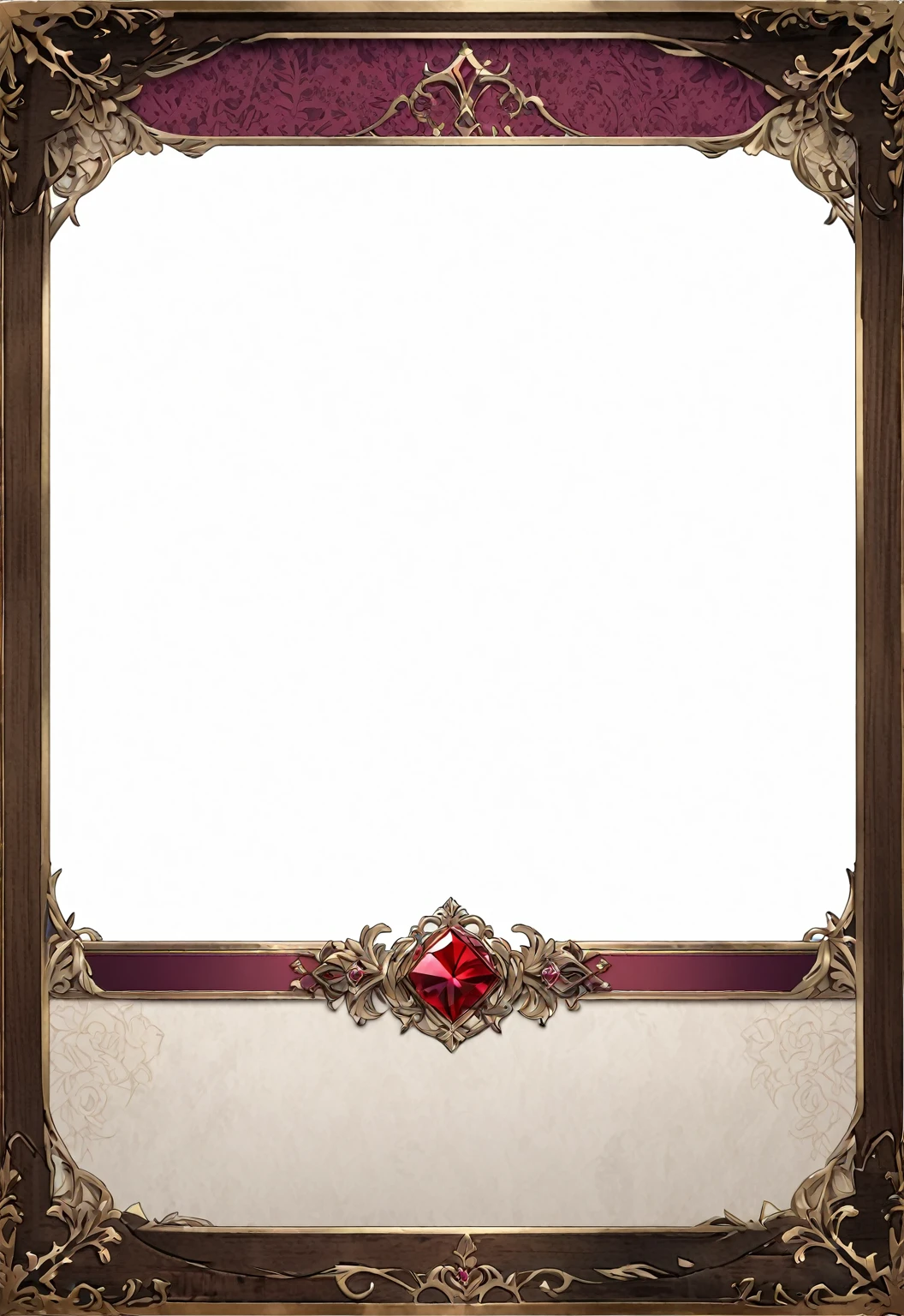 A card border UI,Medieval European aristocracy design,Noble and elegant dark style,There is a lavender ribbon in the middle with the card name.,There is a ruby under the bezel,There are sapphires on the left and right corners.。Redwood frame,Parchment backing,There are blood stains on it。Deep Red、Emerald Green、Gold main tone。