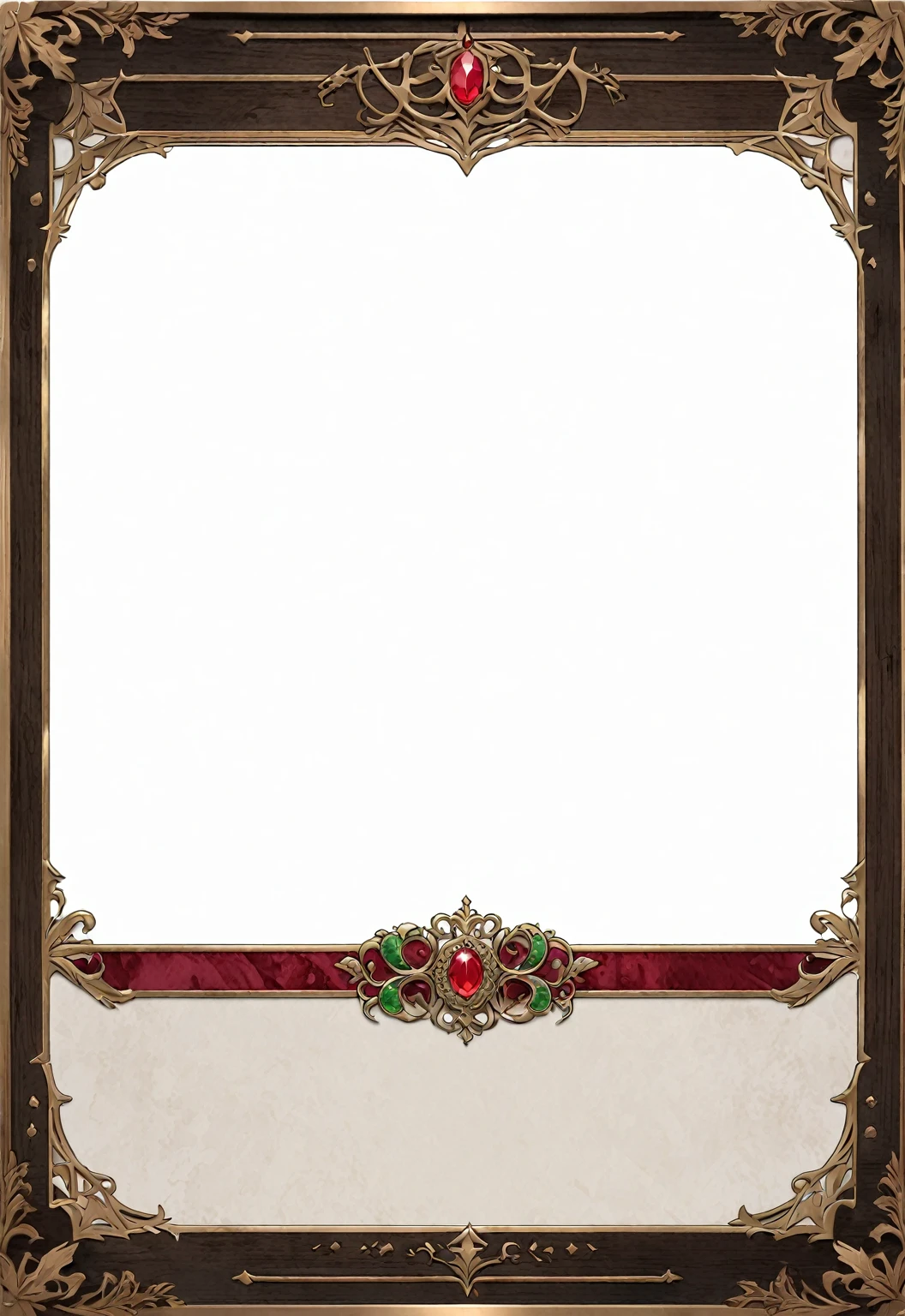 A card border UI,Medieval European aristocracy design,Noble and elegant dark style,There is a lavender ribbon in the middle with the card name.,There is a ruby under the bezel,There are sapphires on the left and right corners.。Redwood frame,Parchment backing,There are blood stains on it。Deep Red、Emerald Green、Gold main tone。