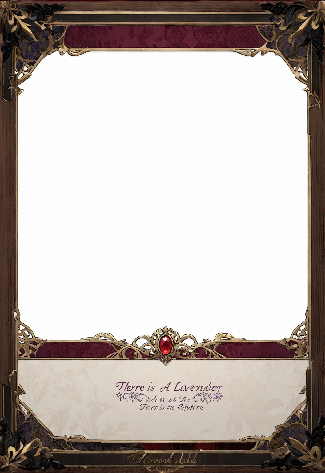 A card border UI，Medieval European aristocracy design，Noble and elegant dark style，There is a lavender ribbon in the middle with the card name.，There is a ruby under the bezel，There are sapphires on the left and right corners.。Redwood frame，Parchment backing，There are blood stains on it。Deep Red、Emerald Green、Gold main tone。