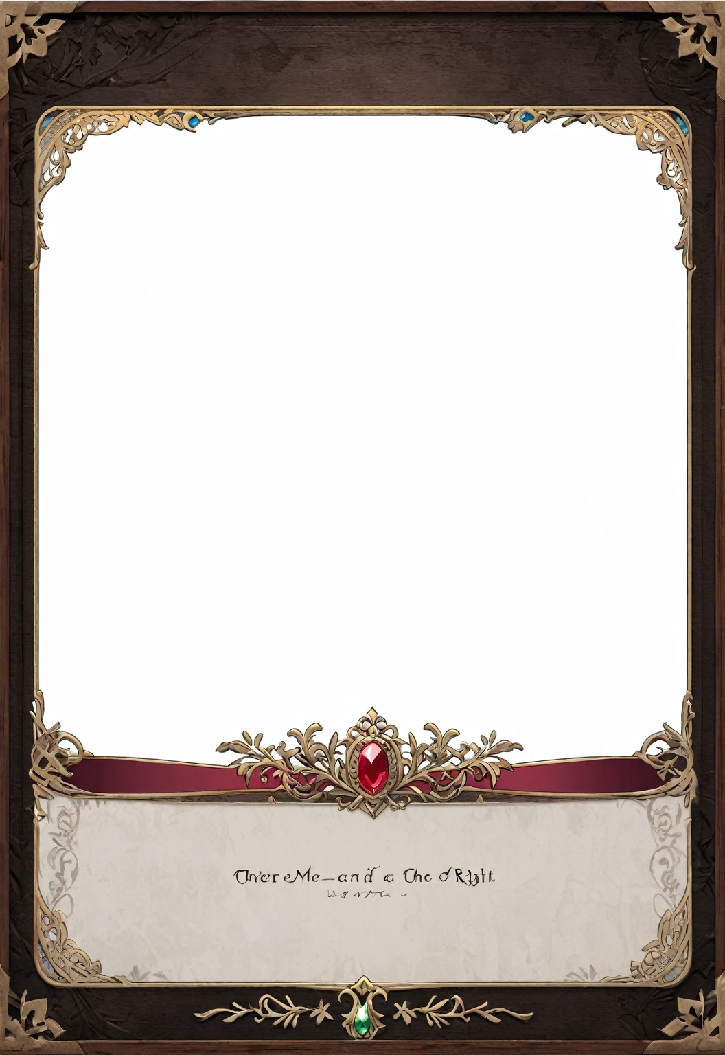 A card border UI，Medieval European aristocracy design，Noble and elegant dark style，There is a lavender ribbon in the middle with the card name.，There is a ruby under the bezel，There are sapphires on the left and right corners.。Redwood frame，Parchment backing，There are blood stains on it。Deep Red、Emerald Green、Gold main tone。