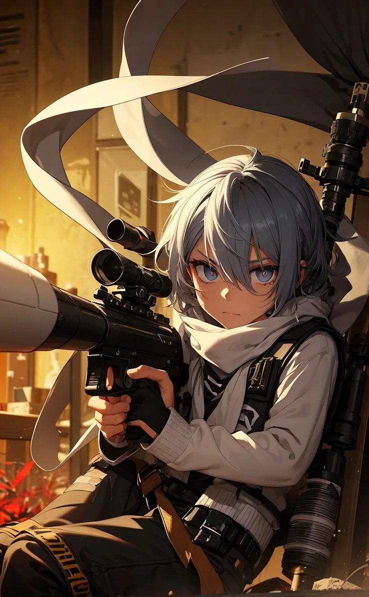 Boy with white hair;
shorth hair;
Messy hair;
eye white;
Some gun sight marks on the pupils;
wear black pants;
black jersey;
A white sweater;
A white scarf;
Pupilas brancas cor neve 

A sniper tem a cor branca também 
There&#39;s a white sniper on the back;


Ele está deitado no chao mirando com a sniper 