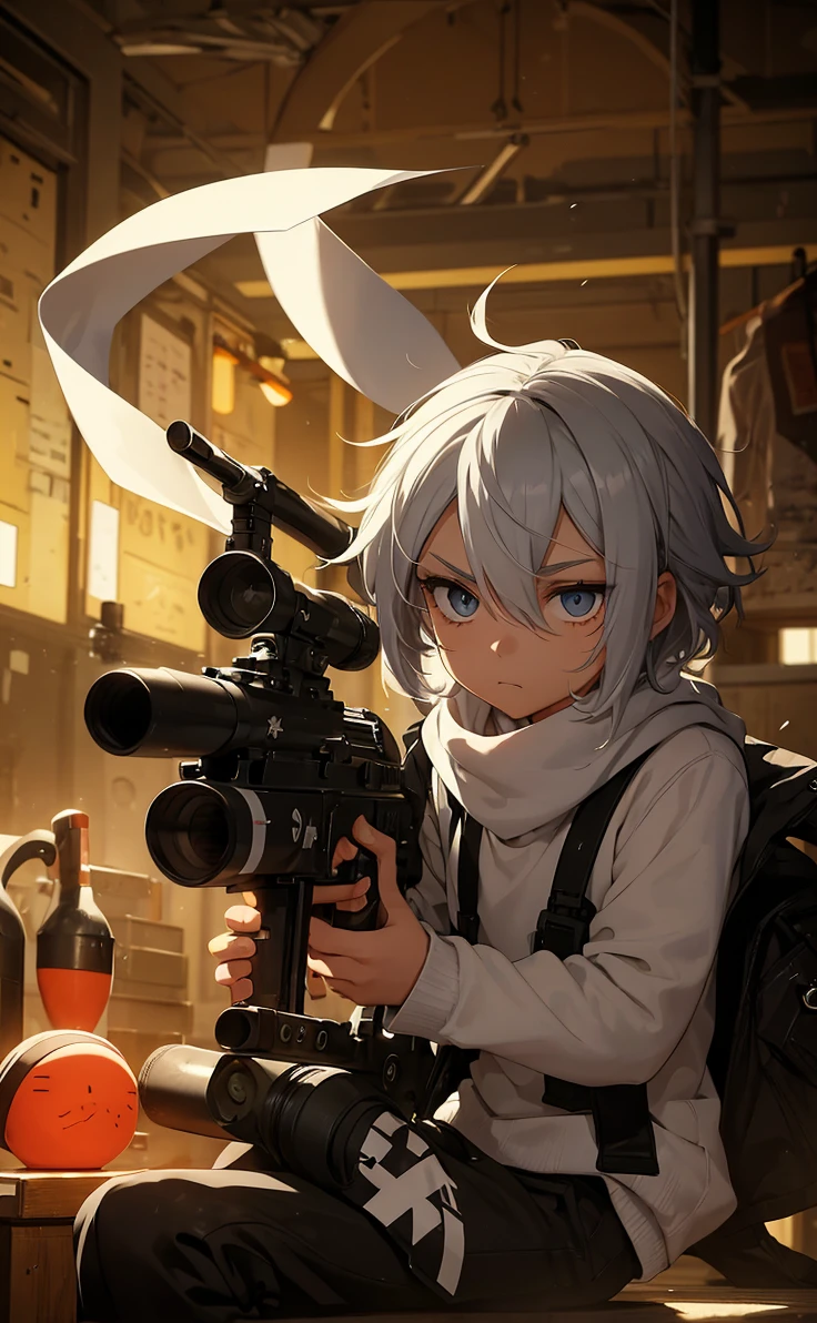 Boy with white hair;
shorth hair;
Messy hair;
eye white;
Some gun sight marks on the pupils;
wear black pants;
black jersey;
A white sweater;
A white scarf;
Pupilas brancas cor neve 

A sniper tem a cor branca também 
There&#39;s a white sniper on the back;


Ele está deitado no chao mirando com a sniper 