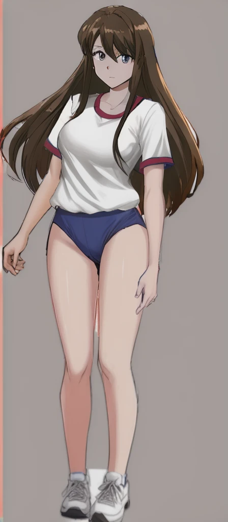 A tall, beautiful woman with long hair and beautiful legs is standing in a white gym suit and light navy blue bloomers that look like panties.。