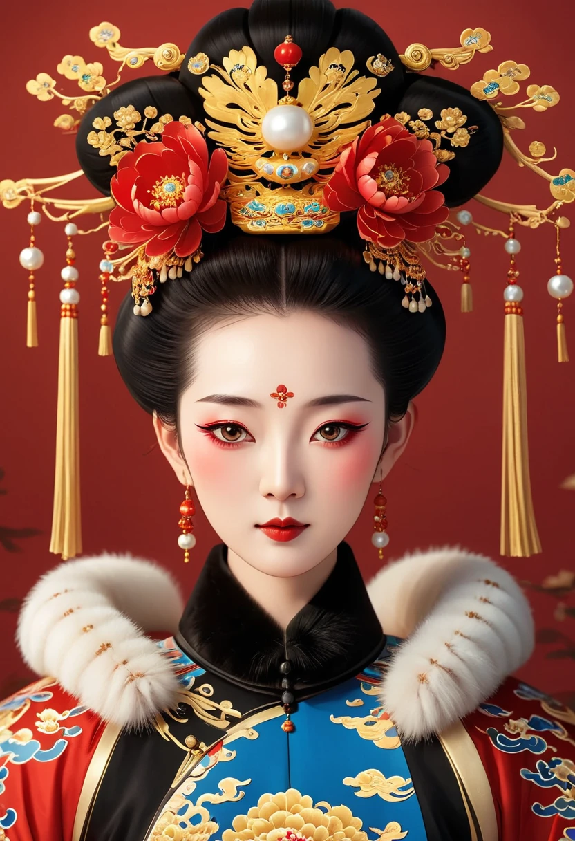 Solemn girl portrait,symmetry,Round Face,Bright Eyes,Smooth skin,Red peony headdress,Elegant and luxurious,Wealth,Gorgeous black and gold costumes,Chinese Qing Dynasty flag costumes,Selfish,Chinese Emperor,High bun,Gorgeous golden crown,tassel,palace,Clean background,(((Wu Zetian,Empress))),Fur collar cape,Pearl tassels,Pearl Makeup,Red background