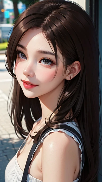 blush a little and smile, (Top quality masterpiece:1.2) Delicate illustrations, Very detailed, /Beautiful Japanese Women、1 person,Very cute and slim、Great style 、((8K images、super high quality))、Very delicate face, Skin and Hair、beautifule forehead、Red lipstick、(((((Mid-length hair、Brown Hair))))),Very cute Japanese cut face、Eyes and nose are clearly visible、Kind eyes,((((Casual Fashion))))
