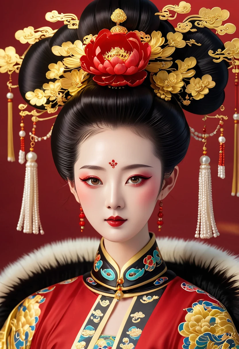 Solemn girl portrait,symmetry,Round Face,Bright Eyes,Smooth skin,Red peony headdress,Elegant and luxurious,Wealth,Gorgeous black and gold costumes,Chinese Qing Dynasty flag costumes,Selfish,Chinese Emperor,High bun,Gorgeous golden crown,tassel,palace,Clean background,(((Wu Zetian,Empress))),Fur collar cape,Pearl tassels,Pearl Makeup,Red background