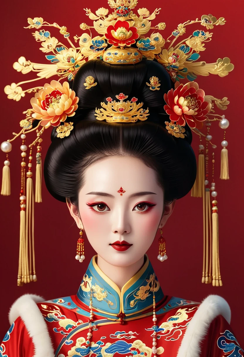 Solemn girl portrait，symmetry，Round Face，Bright Eyes，Smooth skin，Red peony headdress，Elegant and luxurious，Wealth，Gorgeous black and gold costumes，Chinese Qing Dynasty flag costumes,Selfish,Chinese Emperor，High bun，Gorgeous golden crown，tassel，palace，Clean background，(((Wu Zetian，Empress)))，Fur collar cape，Pearl tassels，Pearl Makeup，Red background