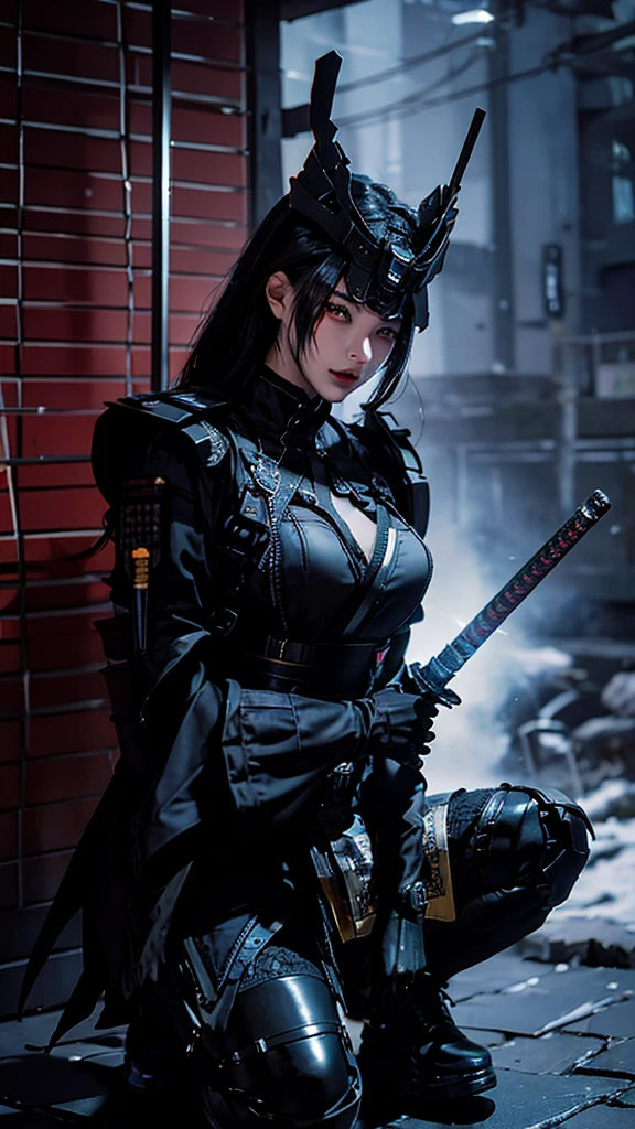 Surreal version of a woman kneeling down on one knee with sword in hand, very beautiful cyberpunk samurai,Sitting on one knee,Futuritic background, cyberpunk anime art, cyberpunk samurai, cyberpunk city anime art, cyberpunk anime, cgsociety 9, digital cyberpunk anime art, style of maciej kuciara .1girl, samurai armor, devil mask helmet, intricate, detailed ornaments, cold colors, metallic, Egyptian details, details very complex, realistic lighting, trending on social cgs, glowing eyes, facing camera, Brick wall,neon details, surreal details, full body portrait, Japanese atmosphere, lighting global, shadow, octane rendering, 8k, super sharp lolita.((Best quality)), ((masterpiece)), (details:1.4), 3D, image of a female cyberpunk beautiful,HDR (High Dynamic Range),Beam Range,NVIDIA RTX,Ultra High Resolution,Unreal 5,Subsurface Scattering,PBR Textures,Post-processing,Anisotropic Filtering,Depth of Field, Maximum clarity and sharpness, Multi-layer textures, Albedo and Reflection maps, Surface shadows, Accurate simulation of light-material interaction, Perfect scaling, Octane rendering, Two-tone lighting Color, Wide Aperture, Low ISO, White Balance, Rule of Thirds, 8K RAW,
