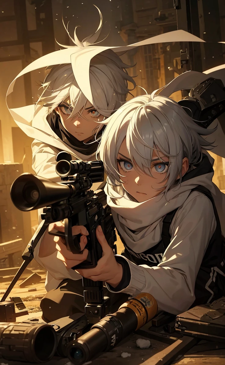 Boy with white hair;
shorth hair;
Messy hair;
eye white;
Some gun sight marks on the pupils;
wear black pants;
black jersey;
A white sweater;
A white scarf;
Snow white pupils The sniper is also white in color There's a white sniper on the back;
He is lying on the ground aiming with the sniper Right hands Symmetry Best quality No errors