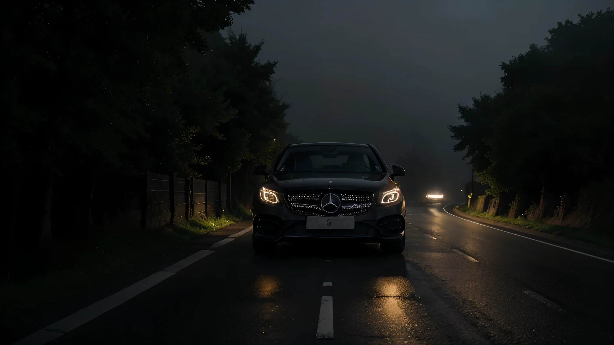 Dense Foggy Road at Night:
A black mercedes car speeding on a deserted village road shrouded in dense fog, barely visible ahead.