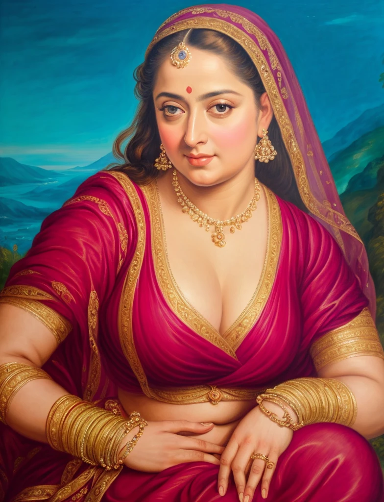 Looks like Anushka Shetty, (solo), middle aged woman, Masterpiece, Best quality, high clarity eyes, beautifully styled hair, curvy, sexy navel folds, feminine curve, motherly figure, critically flawless,sharp picture, Full portrait, High pixels, perfect face, perfect eyes, beautiful face, perfect hands,perfect fingers, in Peter Paul Rubens style, by Peter Paul Rubens, baroque style, acrylic on canvas, highly detailed, description: "Create a nymph inspired by the tales of Greek or Roman mythology, embodying the essence of a natural element or location, and possessing a unique ability or trait that sets her apart.", beautiful nature in the background,