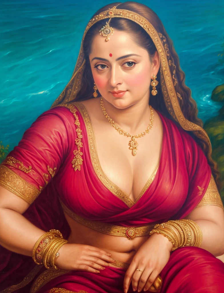 Looks like Anushka Shetty, (solo), middle aged woman, Masterpiece, Best quality, high clarity eyes, beautifully styled hair, curvy, sexy navel folds, feminine curve, motherly figure, critically flawless,sharp picture, Full portrait, High pixels, perfect face, perfect eyes, beautiful face, perfect hands,perfect fingers, in Peter Paul Rubens style, by Peter Paul Rubens, baroque style, acrylic on canvas, highly detailed, description: "Create a nymph inspired by the tales of Greek or Roman mythology, embodying the essence of a natural element or location, and possessing a unique ability or trait that sets her apart.", beautiful nature in the background,