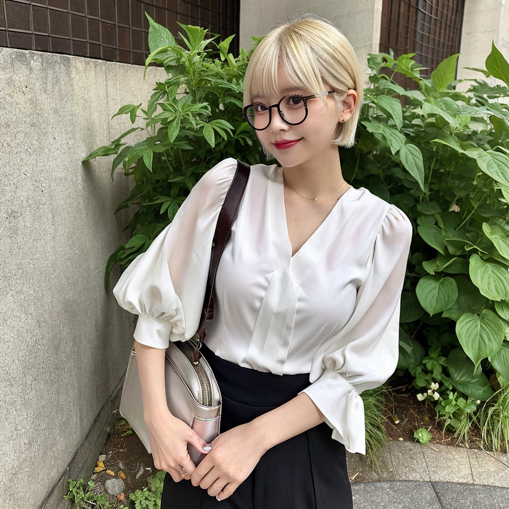 masutepiece, Best Quality, Illustration, Ultra-detailed, finely detail, hight resolution, 8K Wallpaper, Perfect dynamic composition, Beautiful detailed eyes, BREAK Puff-sleeve hemp blend blouse,high-waisted recycled polyester wide-leg pants,plant-based leather slingback flats,recycled nylon messenger bag,biodegradable acetate glasses,,Bun Short, icy platinum blonde hair, chin-length bob, razor cut ends, dark shade,Small breasts natural color lip, sexypose,Smile,Harajuku、24 years girl、Cute、is looking at the camera