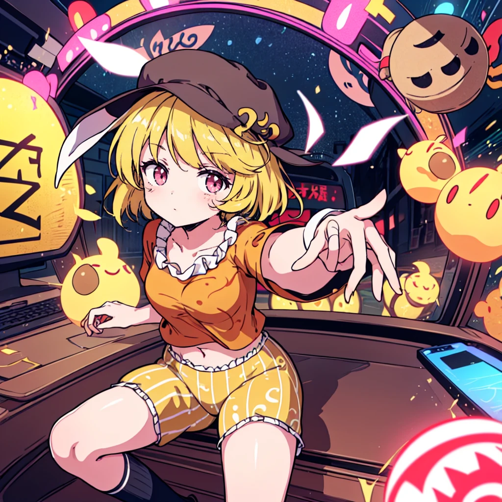 1girl,ringo \(touhou\),blonde hair, short hair, (cabbie hat:1.4), orange shirt, navel, rabbit ears, red eyes, collarbone, frilled dress, yellow shorts,(black ribbed kneehighs:1.3),close up kneehighs,ropa ajustada y pechos grandes 