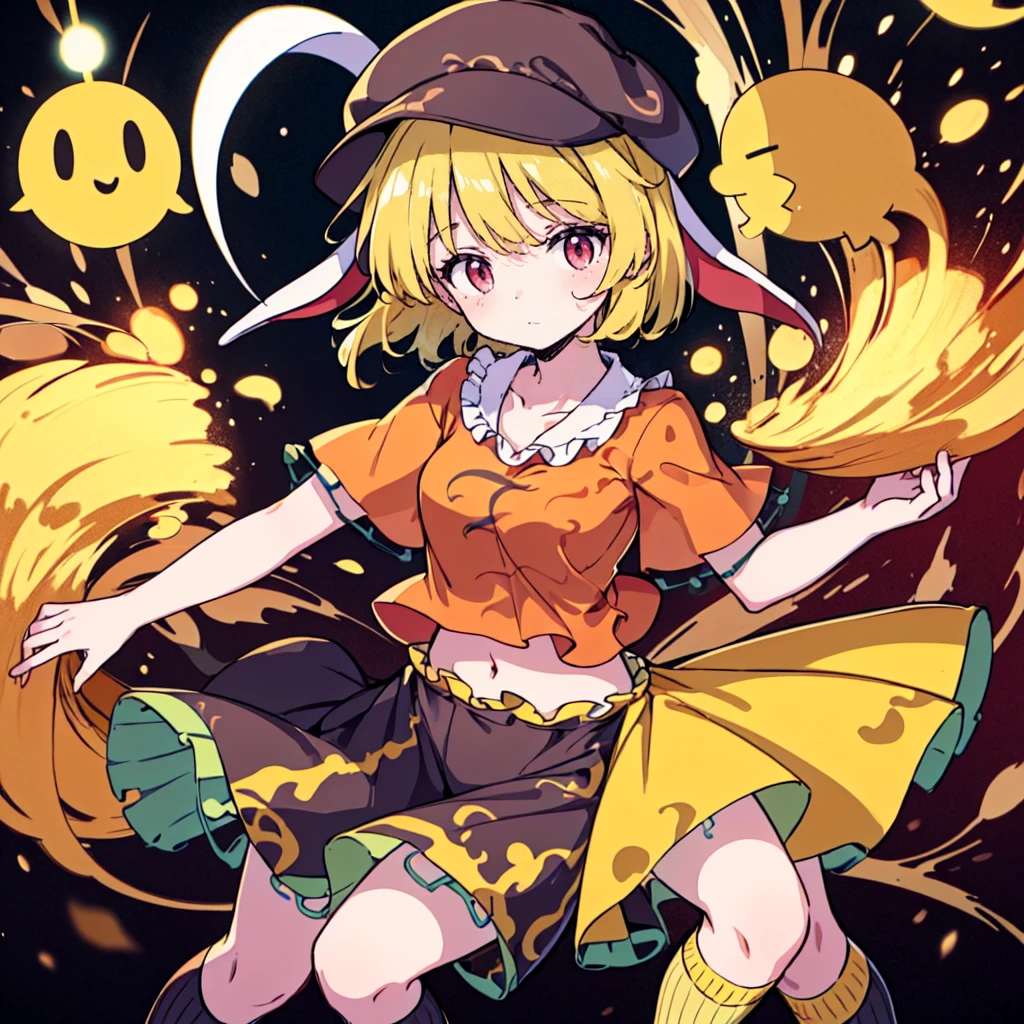 1girl,ringo \(touhou\),blonde hair, short hair, (cabbie hat:1.4), orange shirt, navel, rabbit ears, red eyes, collarbone, frilled dress, yellow shorts,(black ribbed kneehighs:1.3),close up kneehighs,ropa ajustada y pechos grandes 