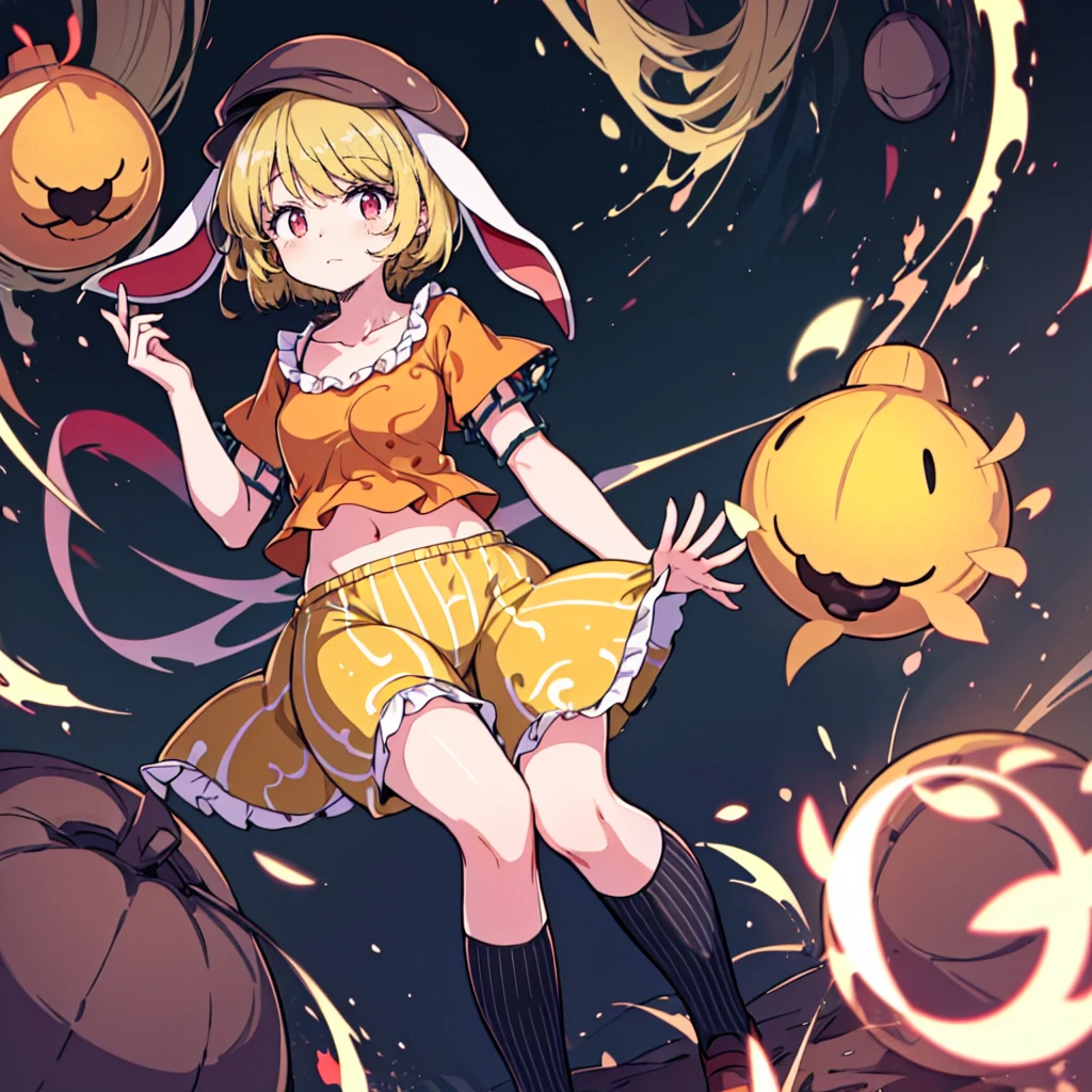 1girl,ringo \(touhou\),blonde hair, short hair, (cabbie hat:1.4), orange shirt, navel, rabbit ears, red eyes, collarbone, frilled dress, yellow shorts,(black ribbed kneehighs:1.3),close up kneehighs,ropa ajustada y pechos grandes 